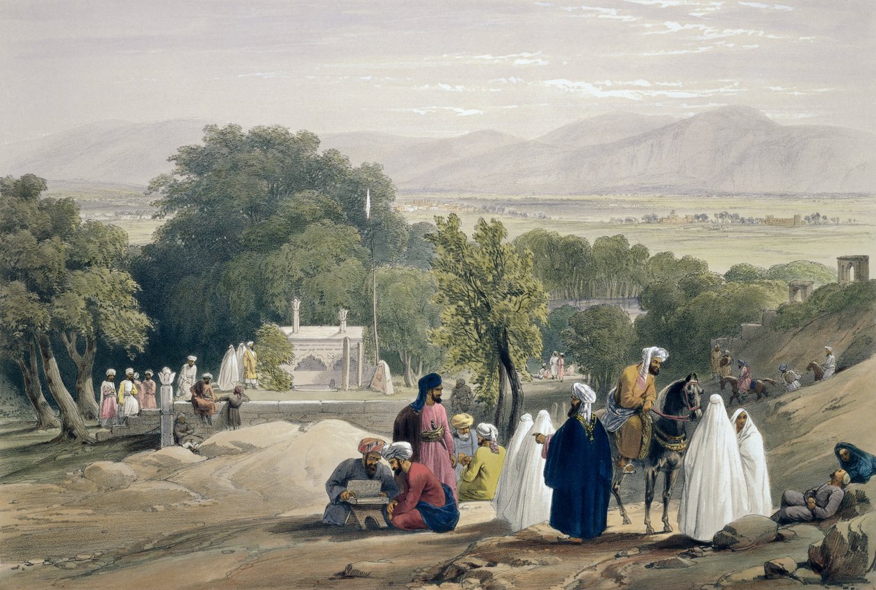 The Tomb of the Emperor Baber, fra 'Sketches in Afghaunistan', gravert av Charles Haghe (1810-88) og Louis Haghe (1806-85) utgitt av Henry Graves, 1842 av James Atkinson
