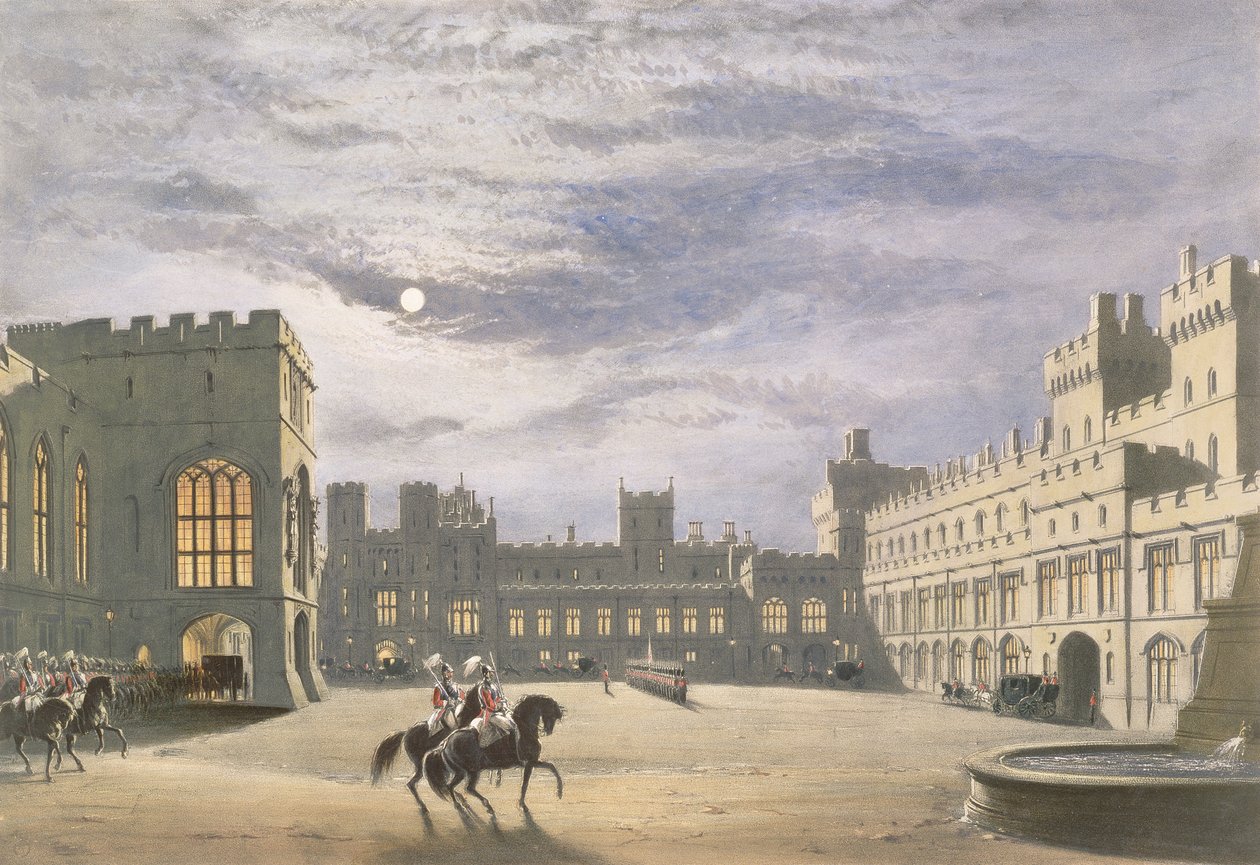 Statlig ankomst av en kongelig besøkende, Quadrangle ved måneskinn, Windsor Castle, 1838 av James Baker Pyne