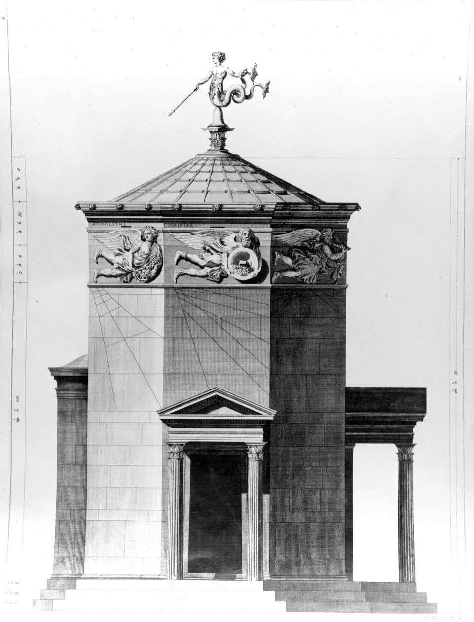 En rekonstruksjon av The Tower of Winds i den romerske agoraen i Athen, gravert i 1762 av James Basire