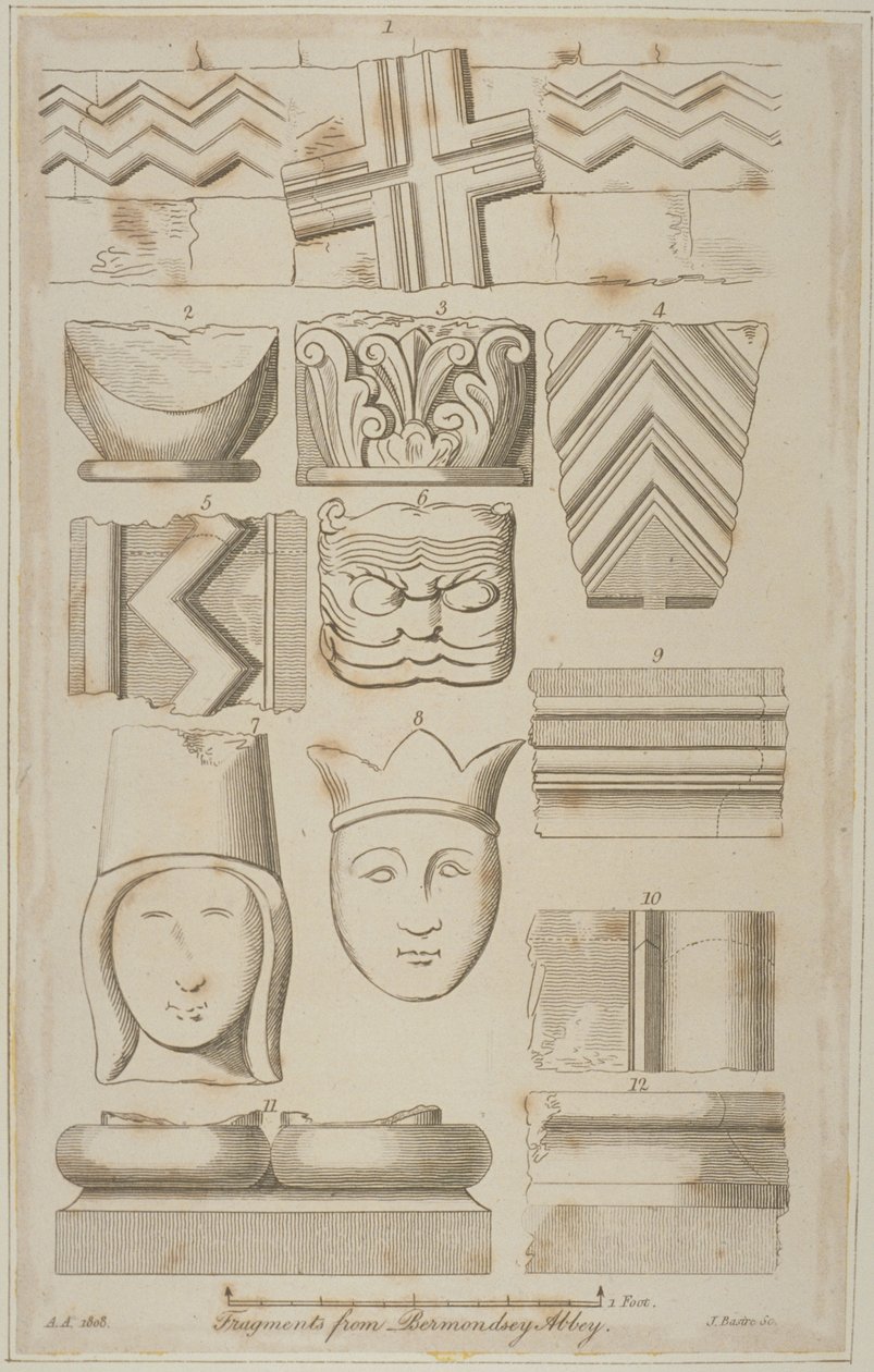 Fragmenter av steinutskjæring fra Abbey of St Saviour i Bermondsey av James Basire