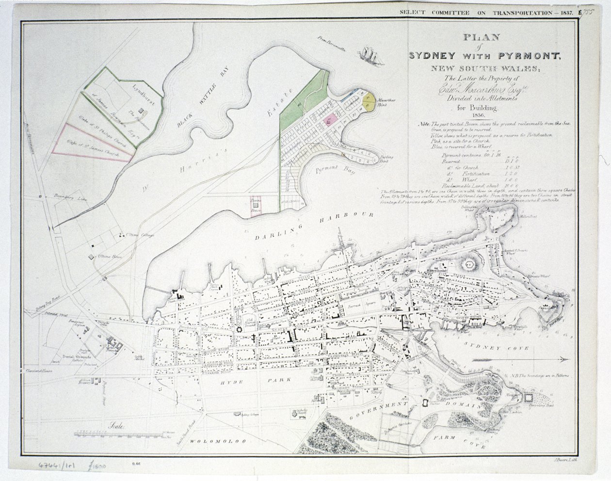 Plan av Sydney med Pyrmont, New South Wales, sistnevnte eiendommen til Edward Macarthure Esquire Divided into Allotments for Building, 1836, utgitt av James und Luke G. Hansard und Sons, London, 1837 av James Basire