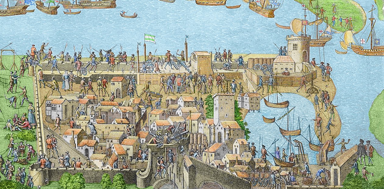 De engelske styrkenes leir nær Portsmouth under slaget ved Solent (senere fargelegging) av James Basire