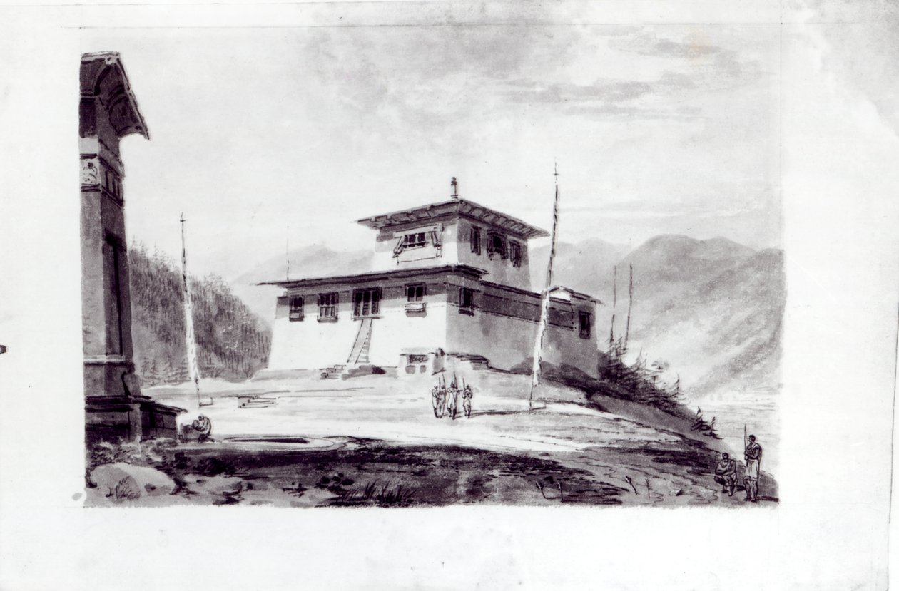 The Residence of Lam Glassa-too, akvarell av Samuel Davies etter en gravering av James Basire