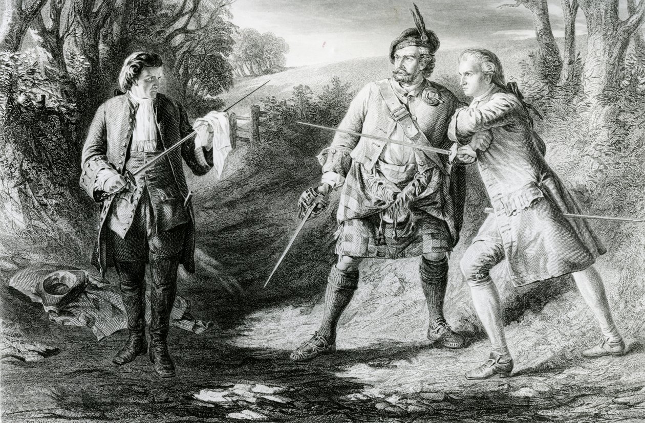 Rob Roy Parting Duellistene Rashleigh og Francis Osbaldistone, gravert av John Le Conte (fl.1850-86) 1867 av James Blake McDonald