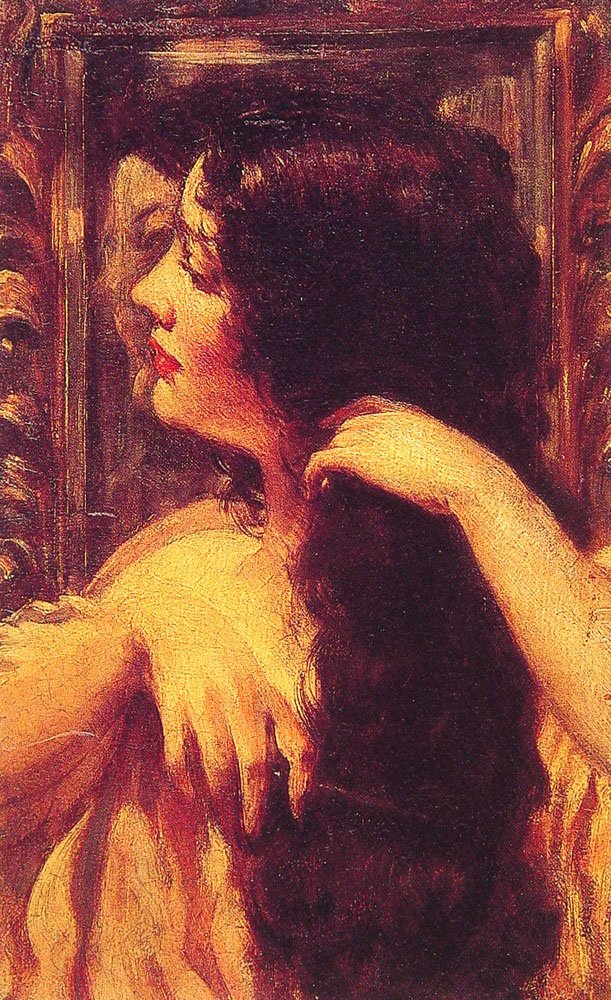 Brunette som gre håret av James Carroll Beckwith