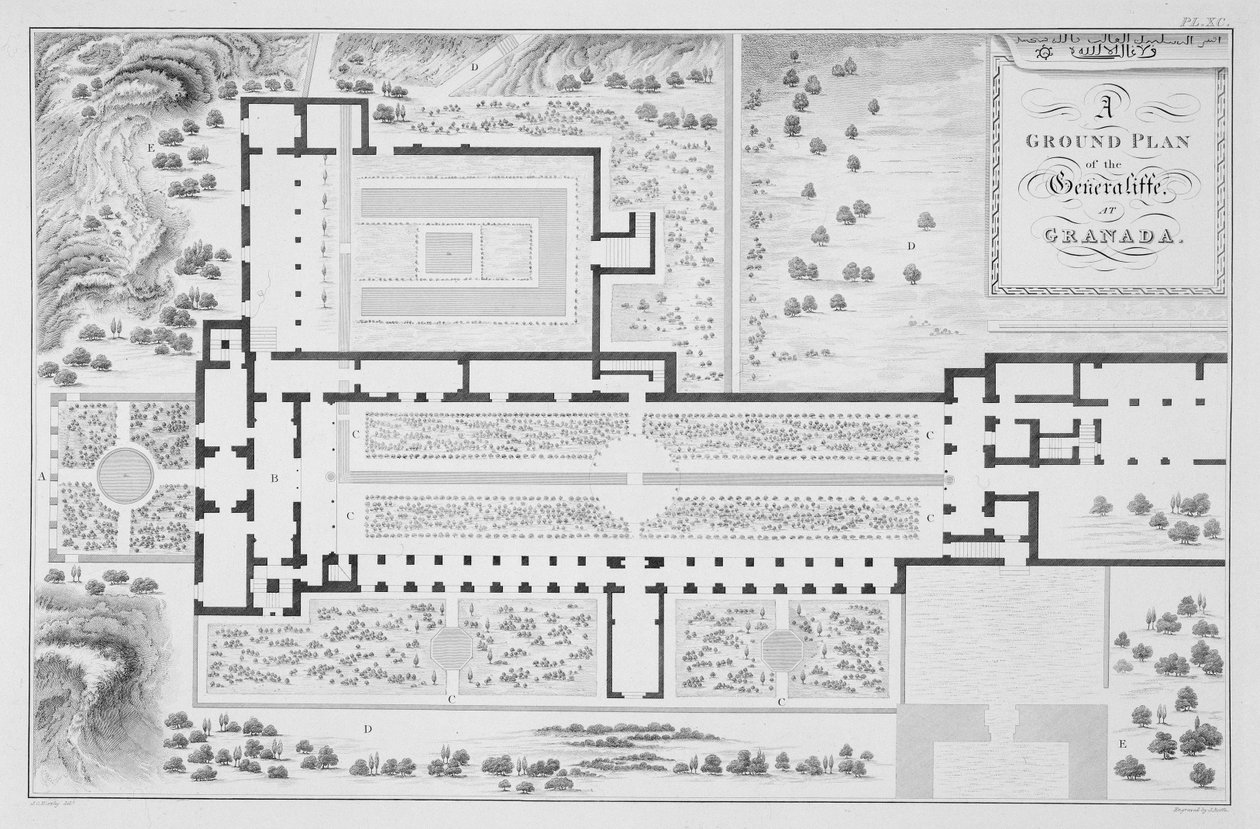 Grunnplan over hagene til Generalife, Granada, fra 