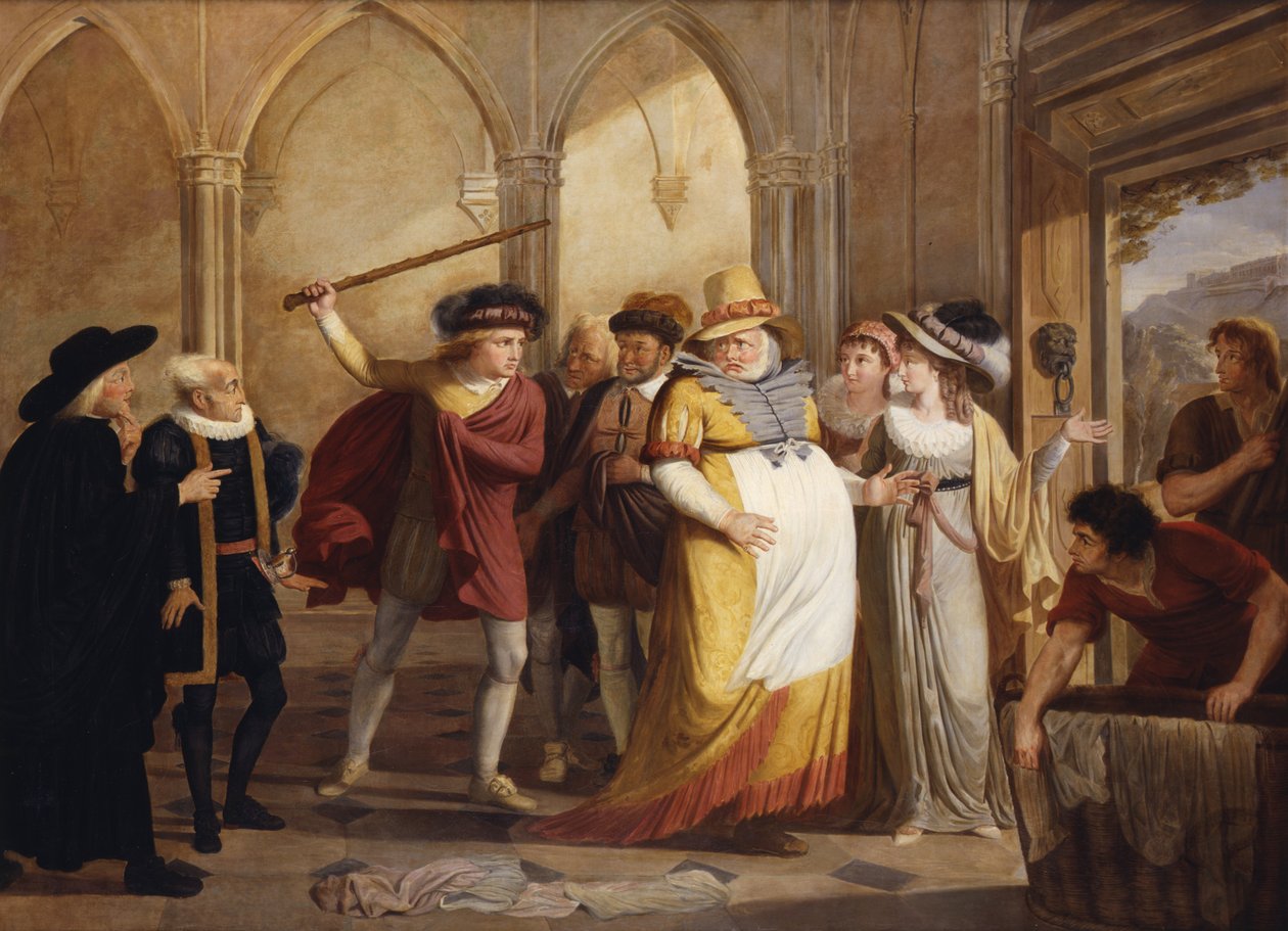 Falstaff i forkledning ledet ut av Mrs Page, Act 4 Scene 2, i The Merry Wives of Windsor, av William Shakespeare (1564-1616) ca. 1805 av James Durno