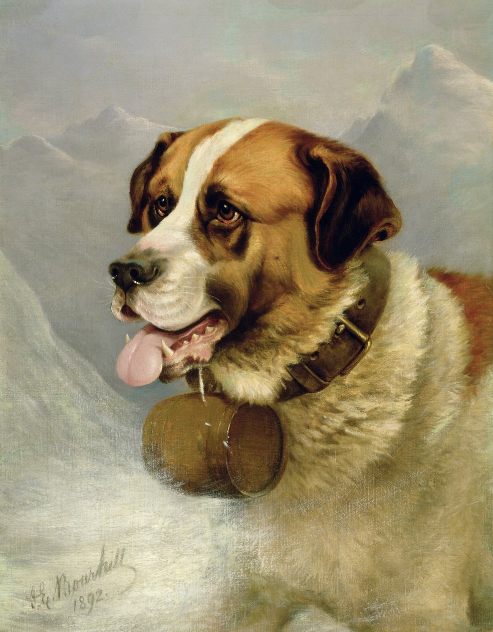 Et portrett av en St. Bernard i et alpint landskap av James E. Bourhill