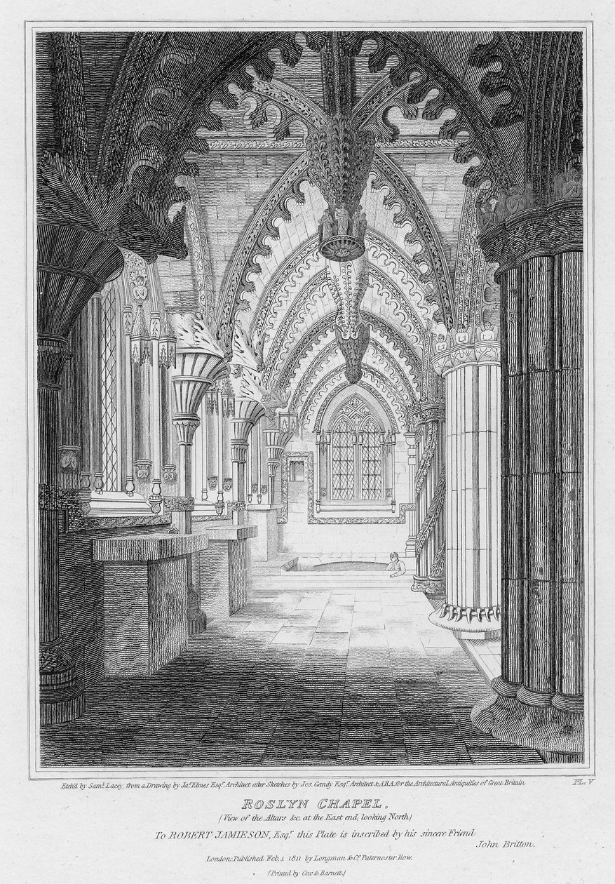 Roslyn Chapel, utsikt over alterne i østenden med utsikt mot nord, gravert av Samuel Lacey, 1811 av James Elmes