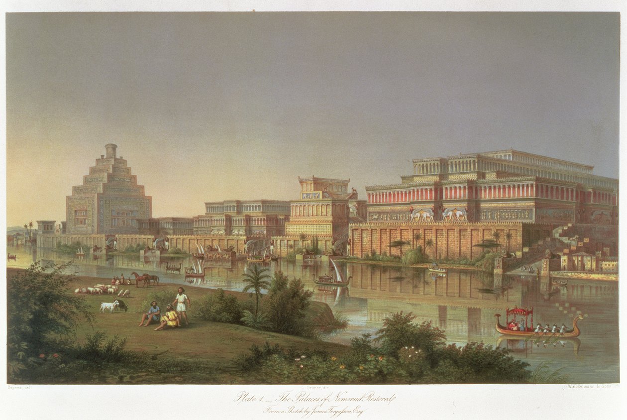 The Palaces of Nimrud Restored, en rekonstruksjon av palassene bygget av Ashurbanipal ved bredden av Tigris, fra Discoveries in the Ruins of Nineveh and Babylon av Austen Henry Layard (1817-94) av James Fergusson