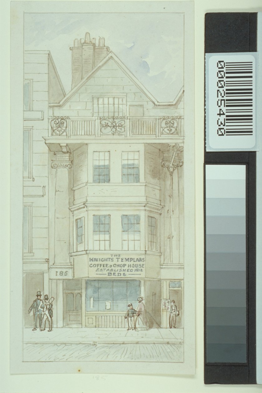Utsikt over nr. 185 Fleet Street, med skikkelser som går forbi Knights Templars Coffee and Chop House, ca. 1820 av James Findlay