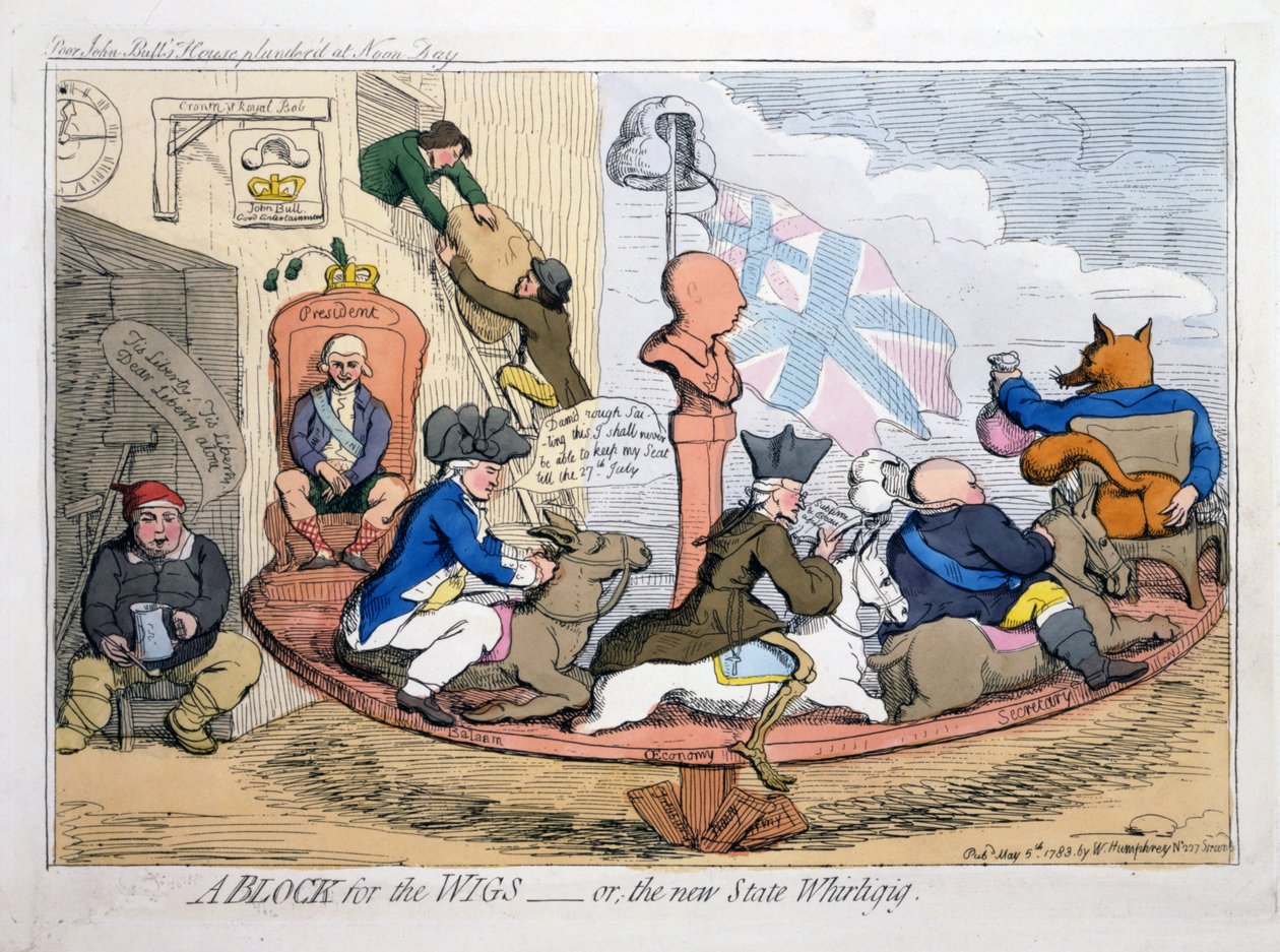 A Block for the Wigs eller The New State Whirligig, pub. 1783 (håndfarget etsning) av James Gillray
