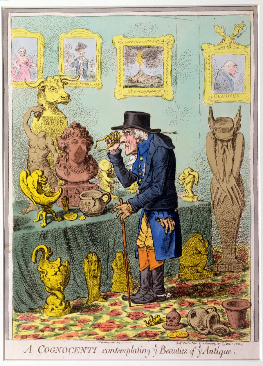 A Cognocenti Contemplating Ye Beauties of Ye Antique, utgitt av Hannah Humphrey i 1801 (håndfarget etsning) av James Gillray