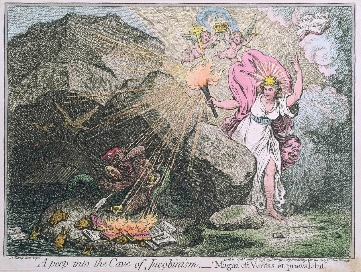 A Peep into the Cave of Jacobinism, eller Magna est Veritas et praevalebit, utgitt av Hannah Humphrey i 1798 (håndfarget etsning) av James Gillray