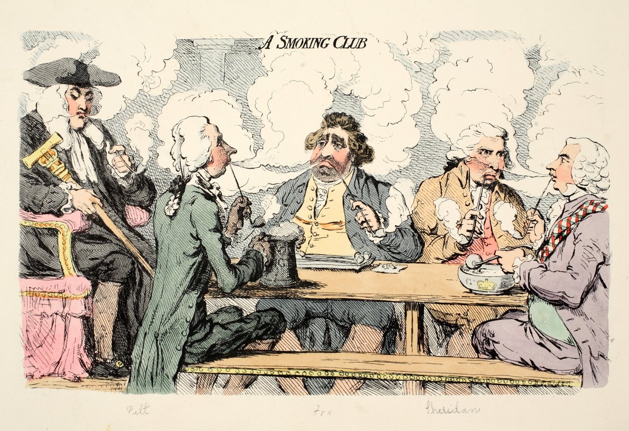 En røykeklubb, pub. 1793 (håndfarget gravering) av James Gillray