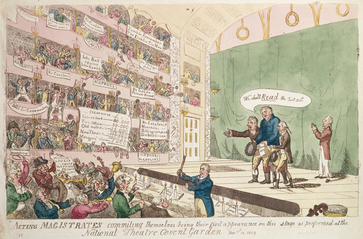 Fungerende sorenskrivere forplikter seg, og er deres første opptreden som fremført på National Theatre Covent Garden, London, 1809 (fargegravering) av James Gillray