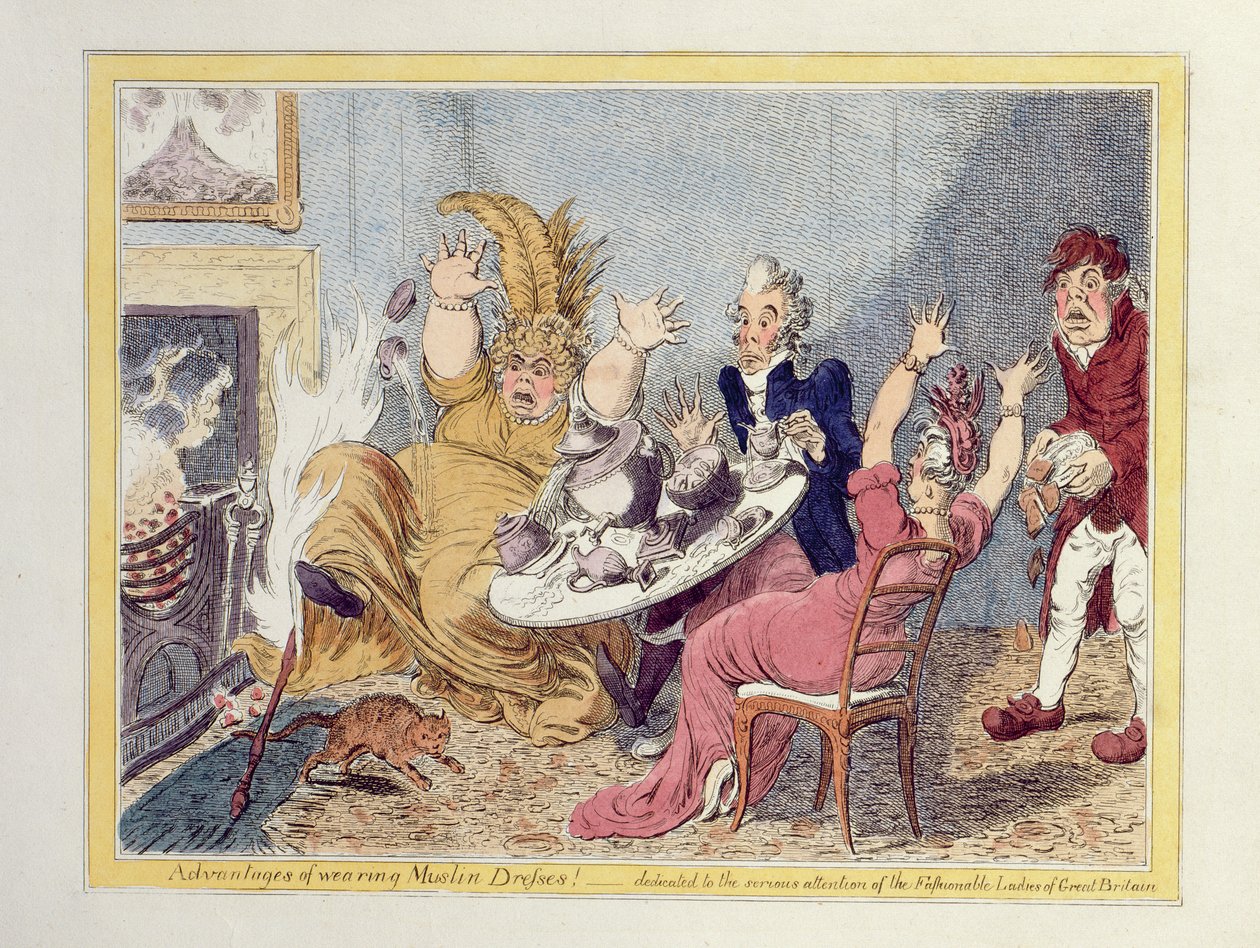 Fordeler med å bruke muslinkjoler! Dedikert til den seriøse oppmerksomheten til de fasjonable damene i Storbritannia, pub. av John Miller og W. Blackwood av James Gillray
