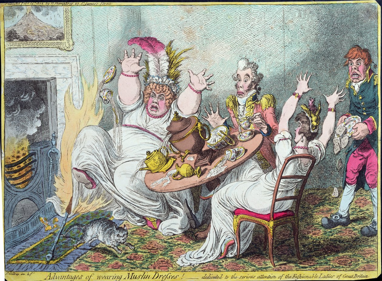 Fordeler med å bruke muslinkjoler! dedikert til den seriøse oppmerksomheten til de fasjonable damene i Storbritannia, utgitt av Hannah Humphrey, 1802 (håndfarget gravering) av James Gillray