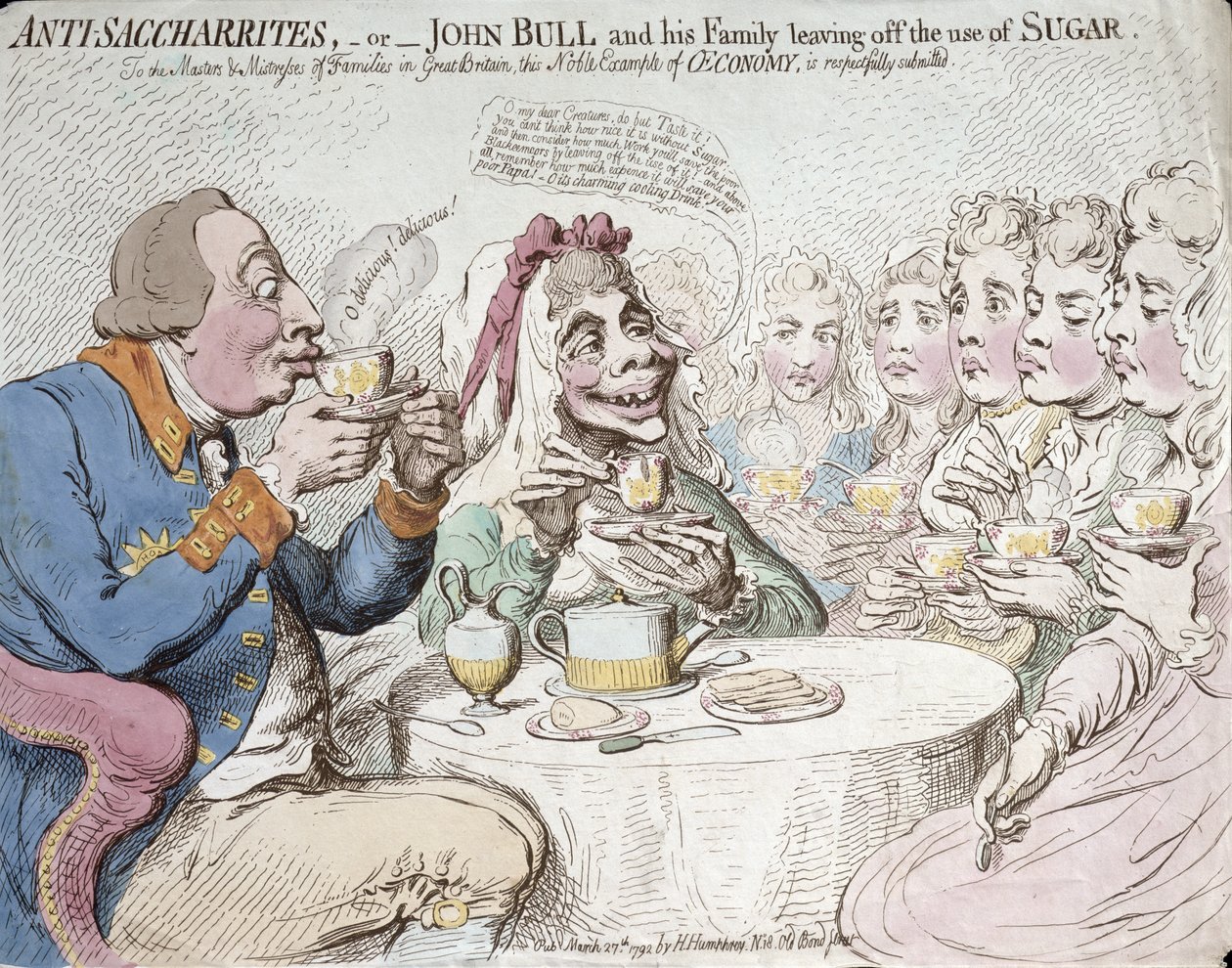 Anti-Saccharites, eller John Bull og hans familie som slutter å bruke sukker, utgitt av Hannah Humphrey i 1792 (håndfarget etsning) av James Gillray