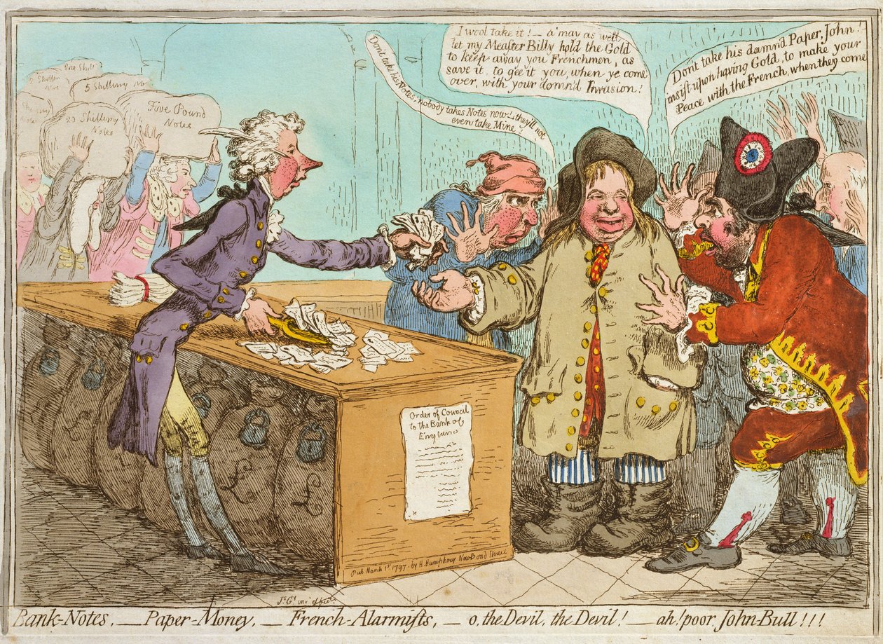 Banksedler - Papirpenger - Franske alarmister - ah! stakkars John Bull! utgitt av Hannah Humphrey i 1797 (håndfarget etsning) av James Gillray
