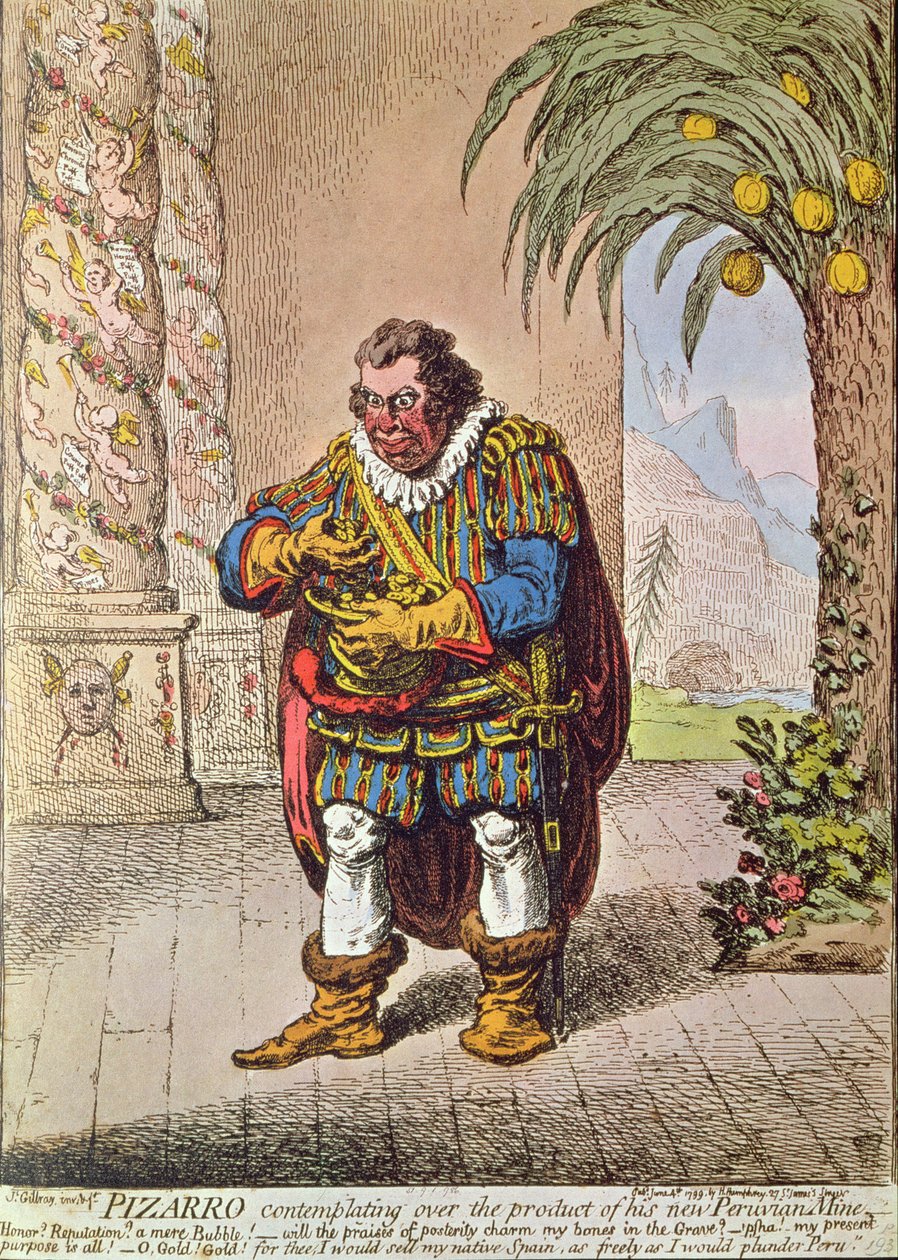 Karikatur av Pizarro som vurderer produktet av sin nye peruanske gruve av James Gillray