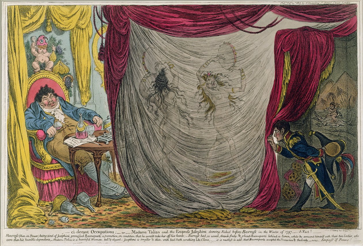 Ci-devant Occupations, eller Madame Talian og keiserinnen Josephine Dancing Naked before Barrass in the Winter of 1797, utgitt av Hannah Humphrey i 1805 (radering med akvatint) av James Gillray
