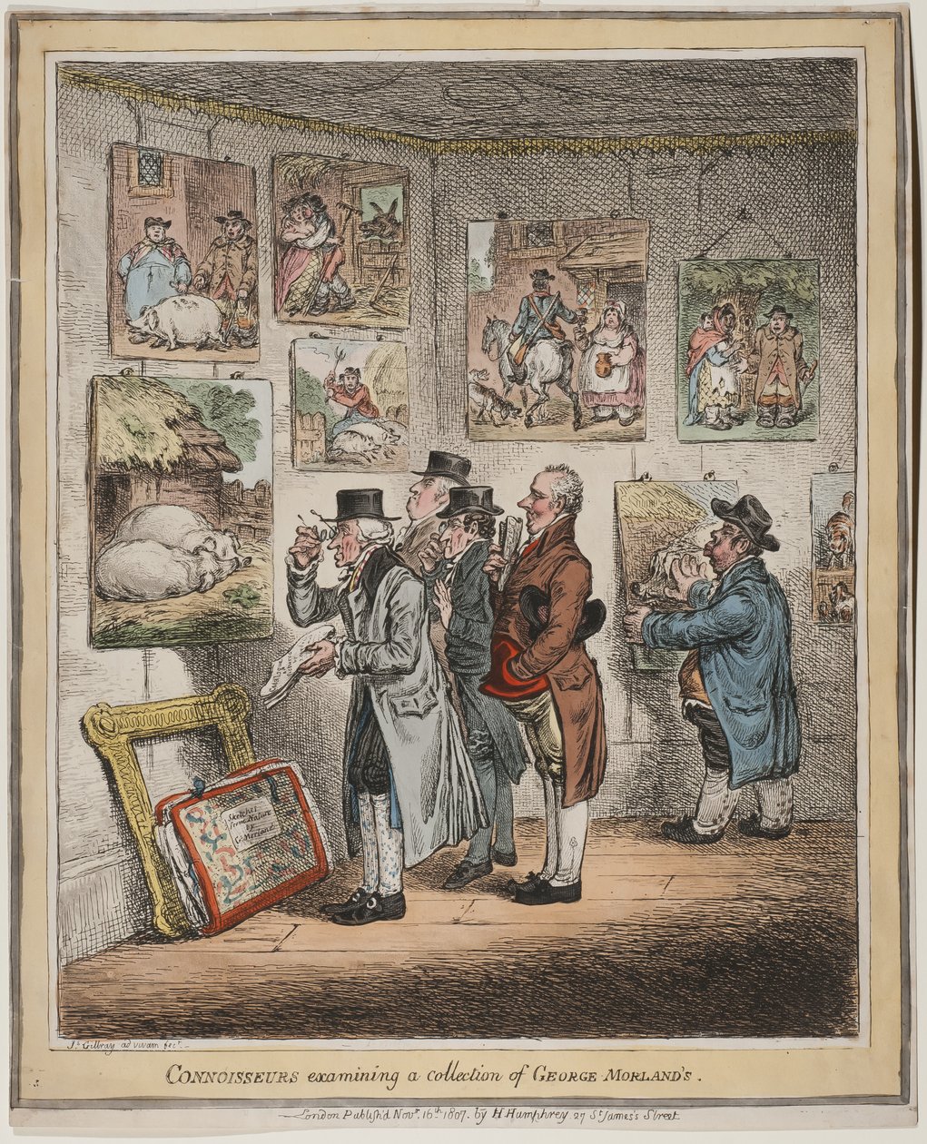 Kjennere undersøker en samling av George Morlands, utgitt av Hannah humphrey, 1807 (håndfarget etsning) av James Gillray