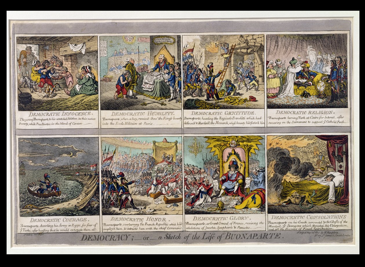 Democracy, or a Sketch of the Life of Buonaparte, utgitt av Hannah Humphrey i 1800 (håndfarget etsning) av James Gillray