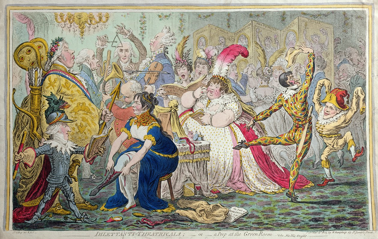 Dilettanti Theatricals, eller A Peep at the Green Room, utgitt av Hannah Humphrey i 1803 (håndfarget etsning) av James Gillray