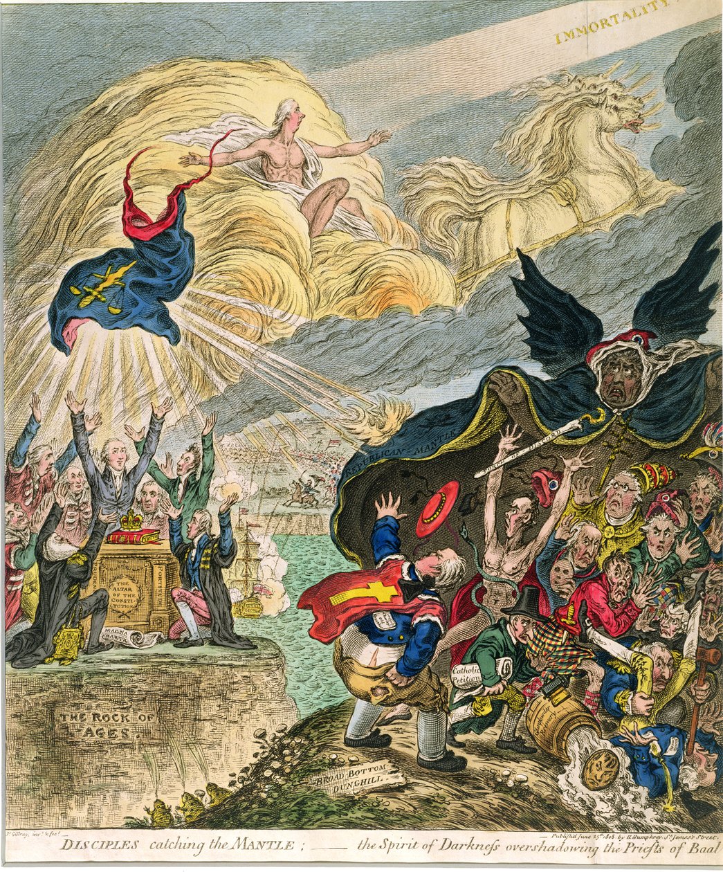 Disipler som fanger mantelen: Mørkets ånd som overskygger Baalprestene, utgitt av Hannah Humphrey i 1808 (håndfarget etsning) av James Gillray