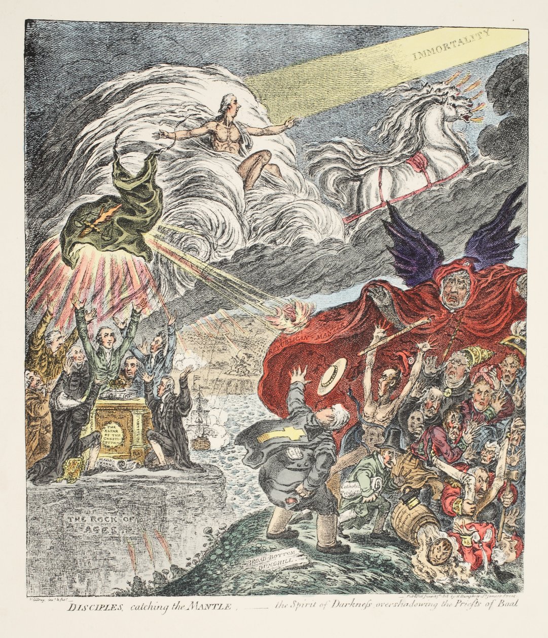 Disipler som fanger mantelen - Mørkets ånd overskygger Baalprestene, pub. 1808 (håndfarget etsning) av James Gillray