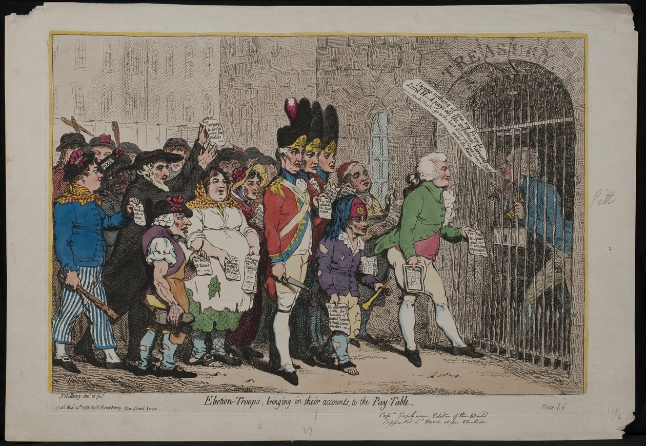 Valgtropper som henter kontoene sine til lønnstabellen, 1788 av James Gillray