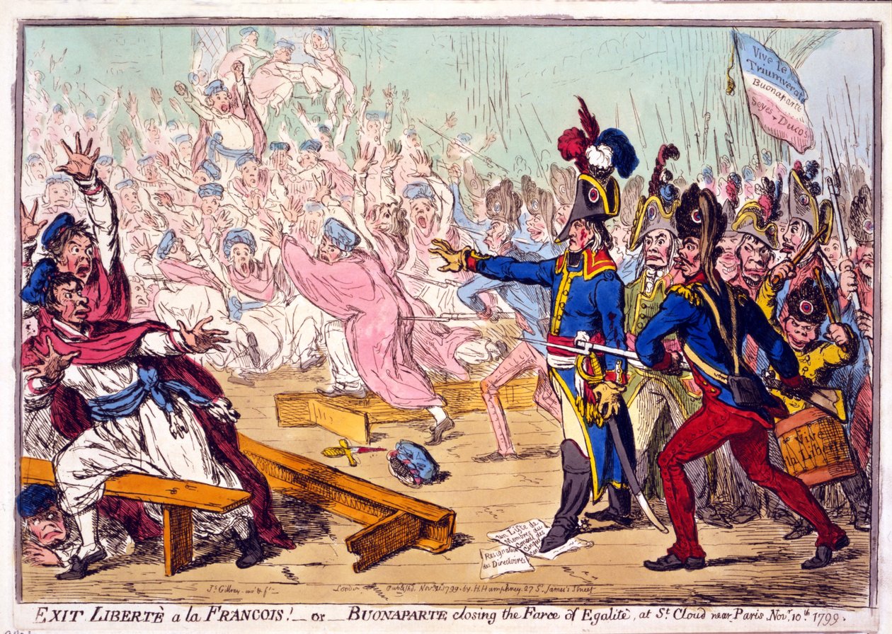 Gå ut av Libertè a la Francois! eller Buonaparte som avslutter Farce of Egalité, på St. Cloud nær Paris 10. november 1799, pub. 1799 (håndfarget gravering) av James Gillray