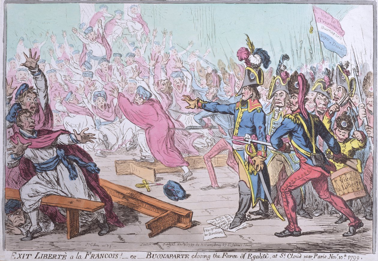 Gå ut av Liberte a la Francois! eller Buonaparte som avslutter Farce of Egalite ved St. Cloud nær Paris, utgitt av Hannah Humphrey i 1799 (håndfarget etsning) av James Gillray