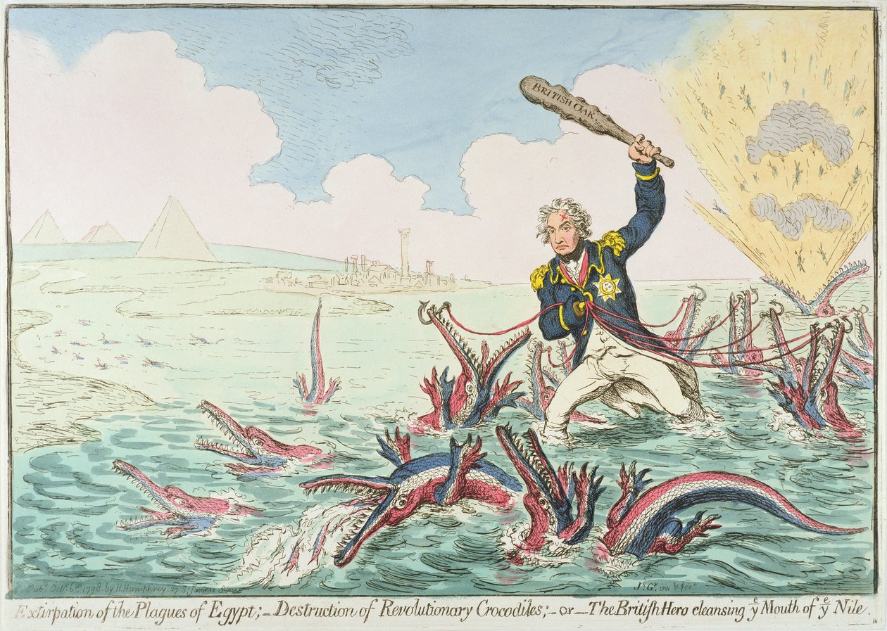 Utryddelse av plagene i Egypt: - Ødeleggelse av revolusjonære krokodiller, 1798 (håndfarget etsning) av James Gillray