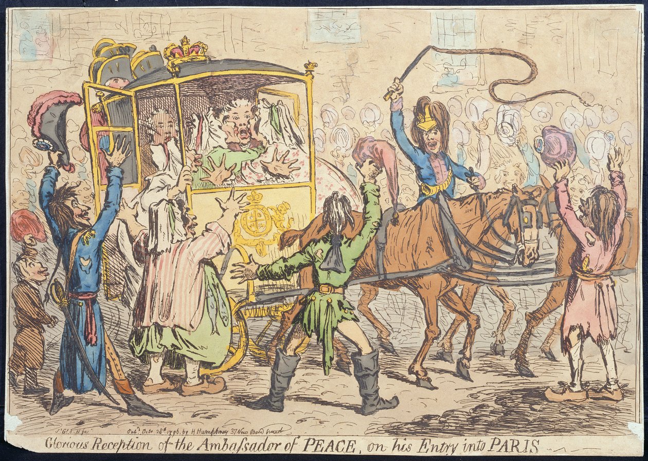 Strålende mottakelse av fredens ambassadør ved hans inntog i Paris, utgitt av Hannah Humphrey i 1796 (håndfarget etsning) av James Gillray