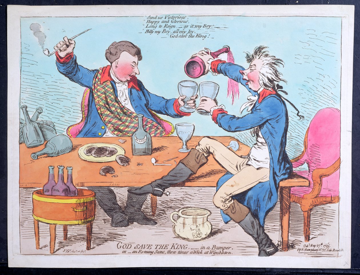 God Save the King - i en støtfanger, eller en kveldsscene tre ganger i uken i Wimbleton, utgitt av Hannah Humphrey i 1795 (håndfarget etsning) av James Gillray