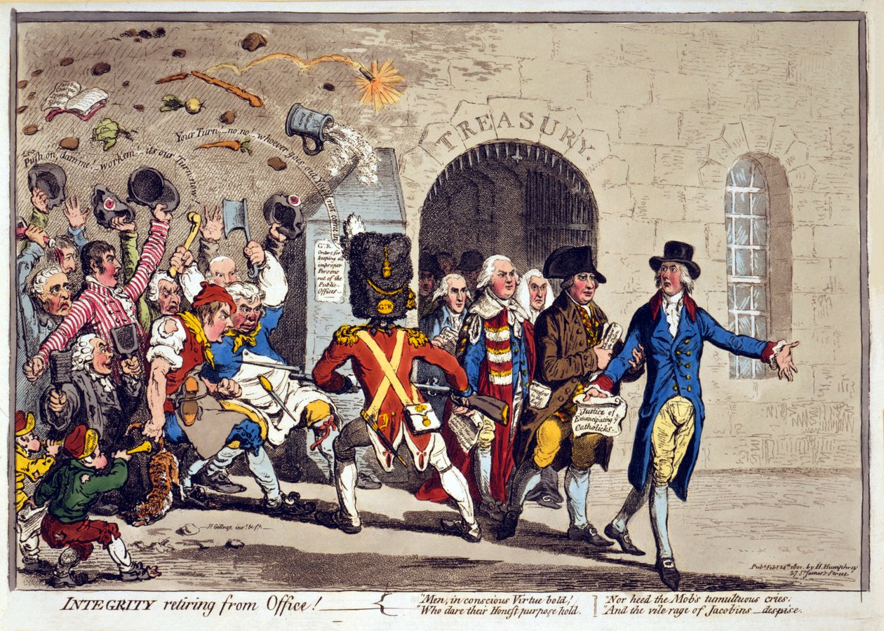 Integritet trekker seg fra Office!, pub. 1801 (håndfarget gravering) av James Gillray