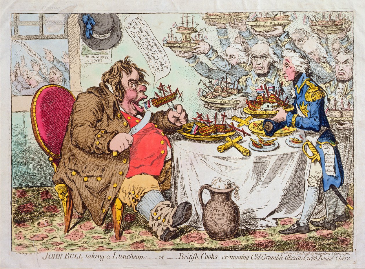 John Bull Taring a Luncheon, eller britiske kokker, stapper Old Grumble-Gizzard med Bonne-Chere, utgitt av Hannah Humphrey i 1798 (håndfarget etsning) av James Gillray