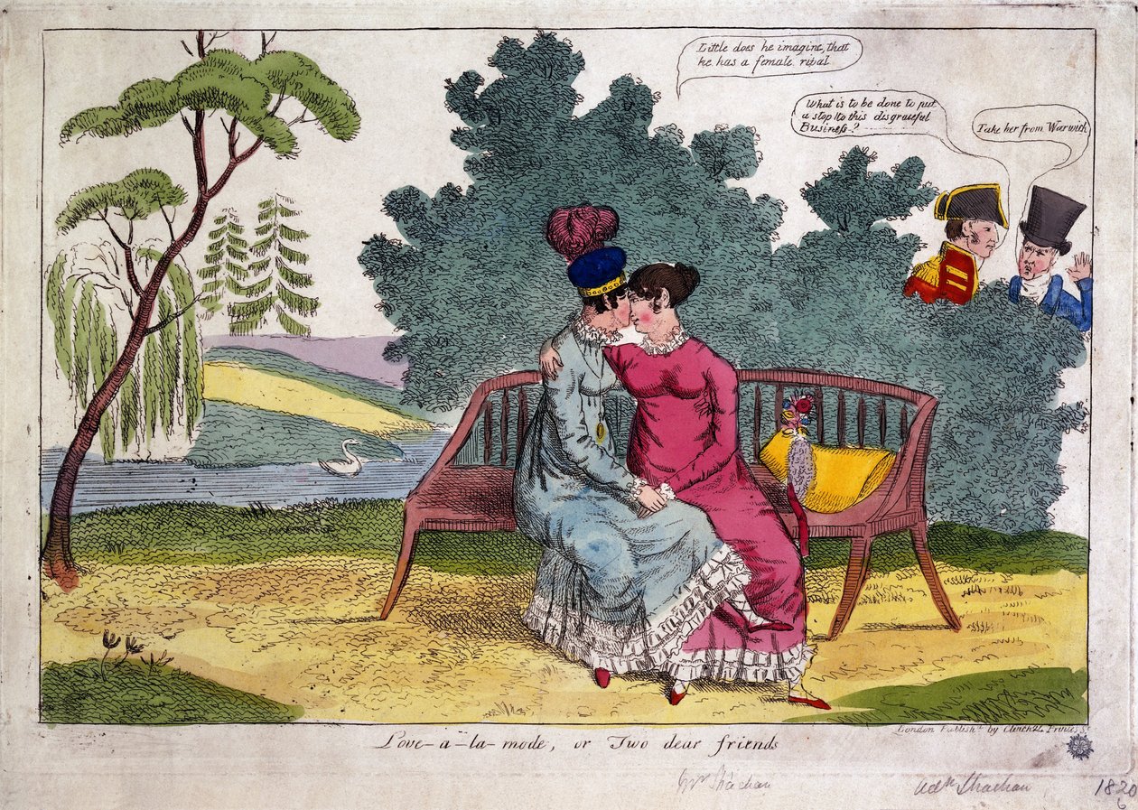 Lady Strachan og Lady Warwick elsker i en park, mens ektemennene deres ser på med misbilligelse av James Gillray