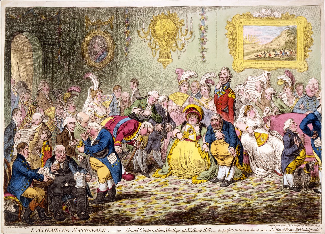 Lassemblée nationale: - eller - storslått samarbeidsmøte på St. Anns Hill, pub. 1804 (håndfarget gravering) av James Gillray