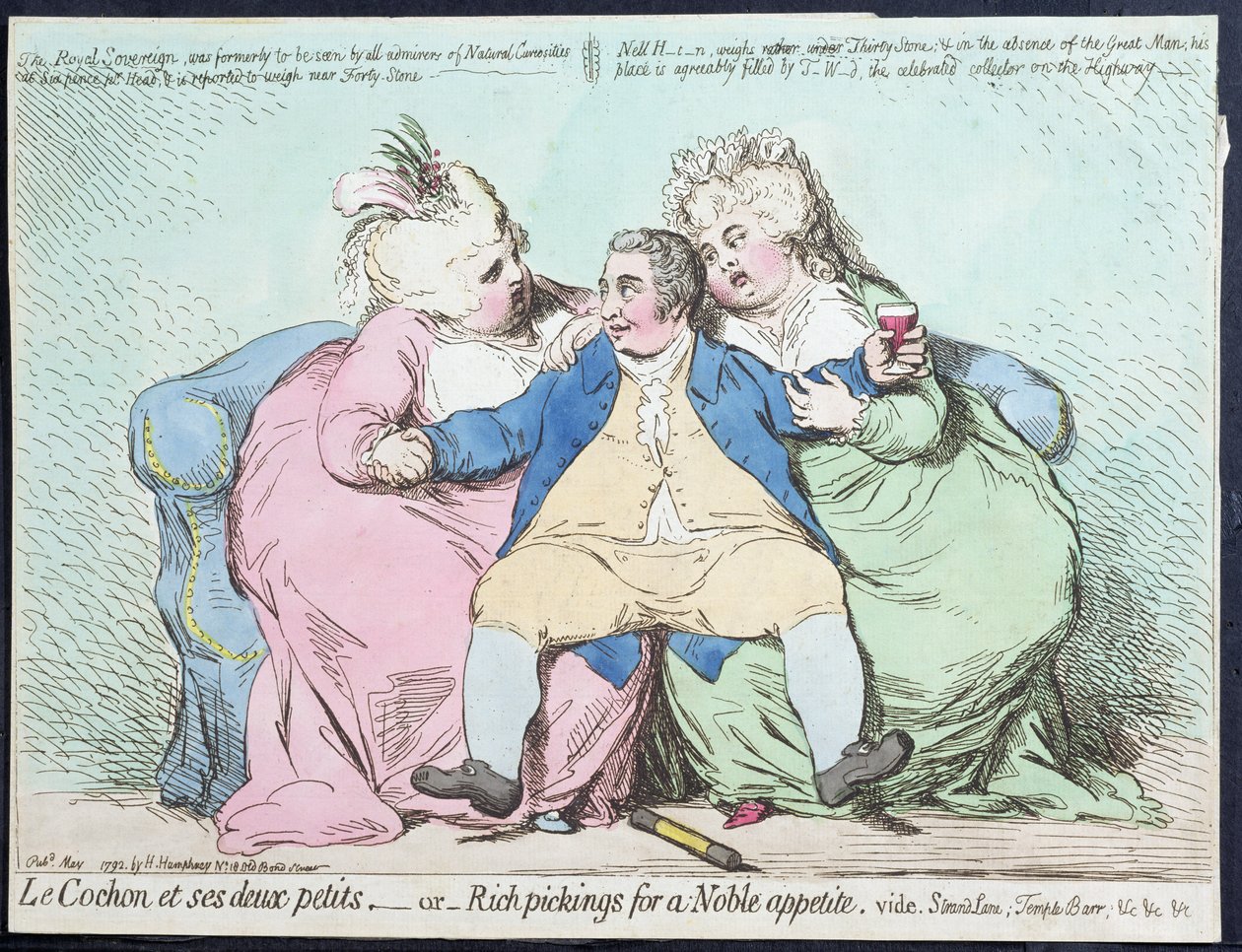 Le Cochon et ses Deux Petits, eller Rich Pickings for a Noble Appetite, utgitt av Hannah Humphrey i 1792 (håndfarget etsning) av James Gillray