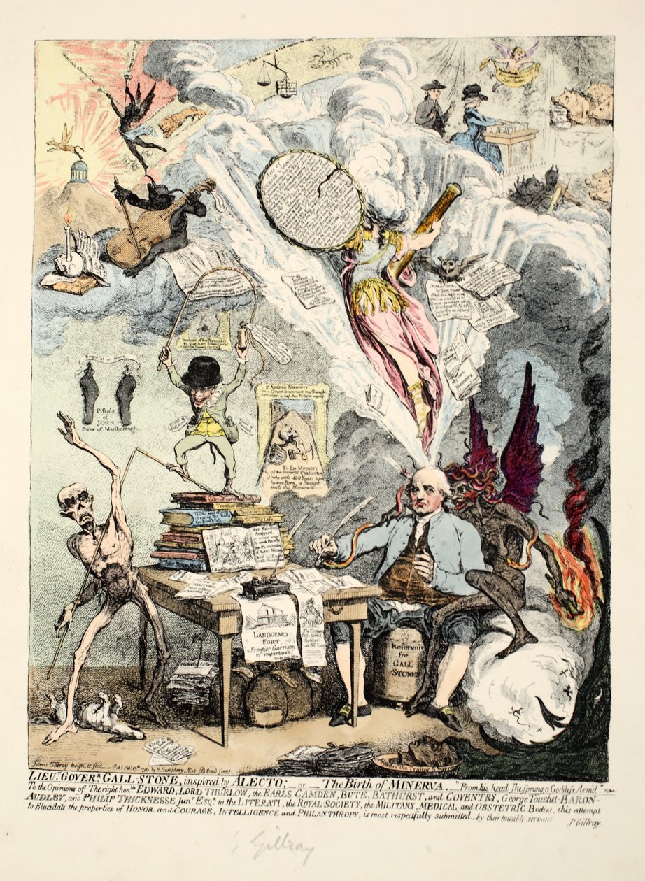 Løytnantguvernør Gall-Stone, inspirert av Alecto, eller The Birth of Minerva, 1790 (håndfarget etsning) av James Gillray