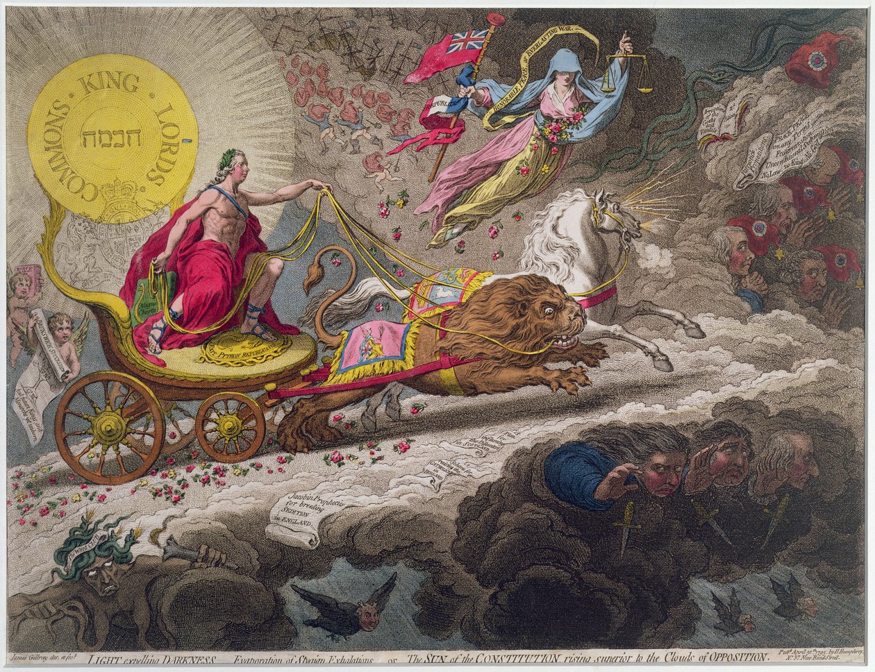 Light Expelling Darkness - Evaporation of Stygian Exhalations, eller The Sun of the Constitution stiger overlegen Clouds of Opposition, utgitt av Hannah Humphrey i 1795 (etsing, gravering og te av James Gillray
