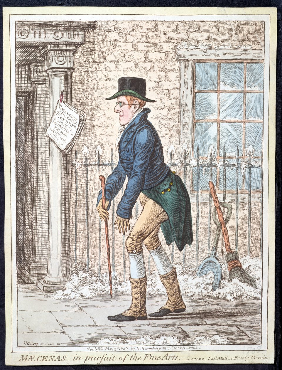 Maecenas i jakten på Fine Arts, eller Scene, Pall Mall; A Frosty Morning , utgitt av Hannah Humphrey i 1808 (håndfarget etsning) av James Gillray