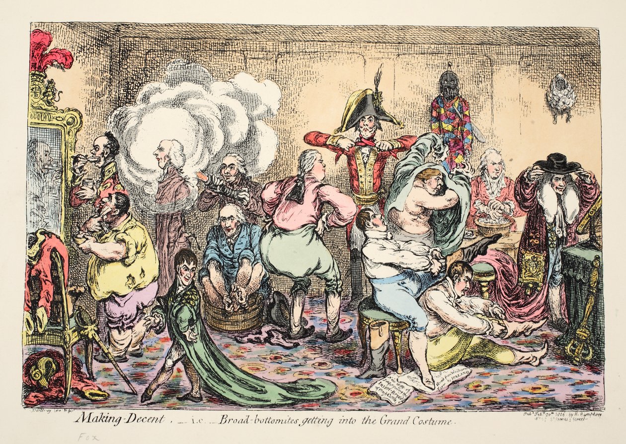 Making Decent, dvs. Broad Bottomites kommer inn i Grand Costume, pub. 1806 (håndfarget gravering) av James Gillray