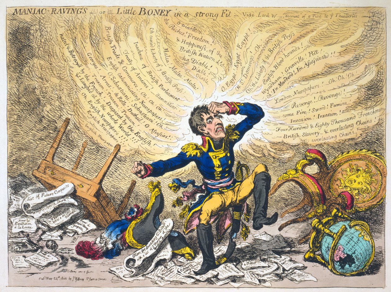 Maniac Ravings, eller Little Boney in a Strong Fit, pub.1803 (håndfarget gravering) av James Gillray