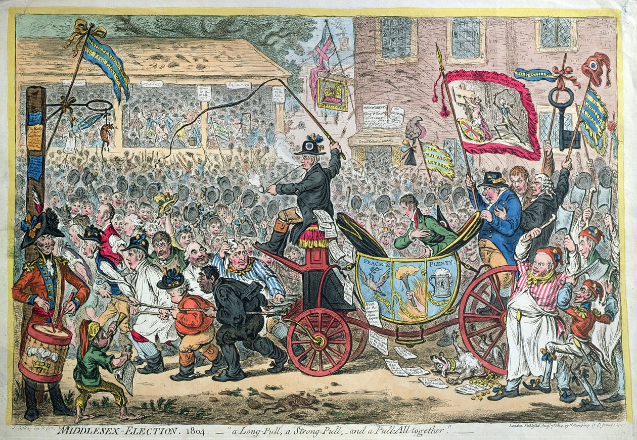 Middlesex Election, 1804, eller A Long Pull, a Strong Pull, and a Pull Alltogether, utgitt av Hannah Humphrey i 1804 (håndfarget etsning) av James Gillray