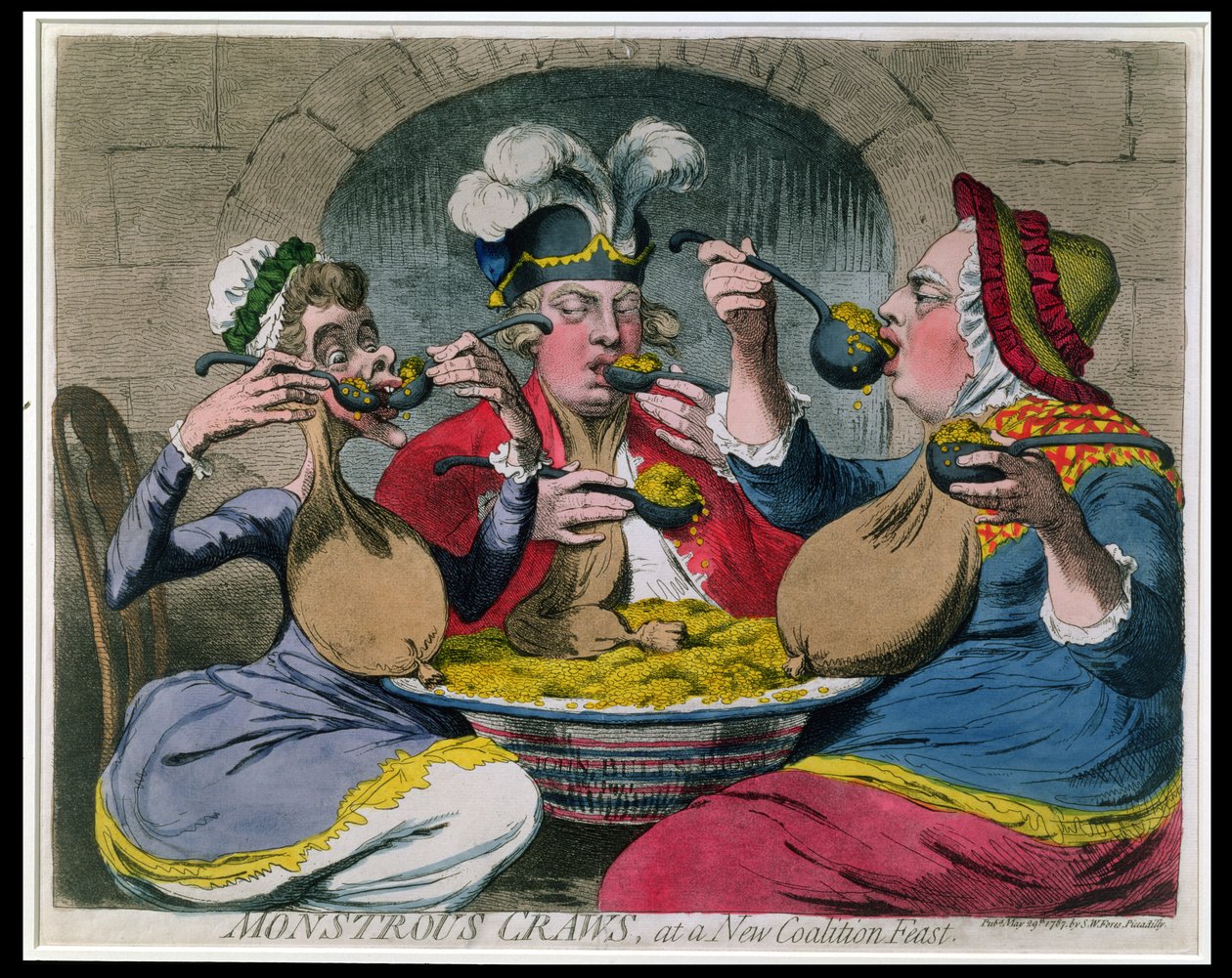 Monstrous Craws at a New Coalition Feast, utgitt av S.W. Fores i 1787 (etsing med akvatint) av James Gillray