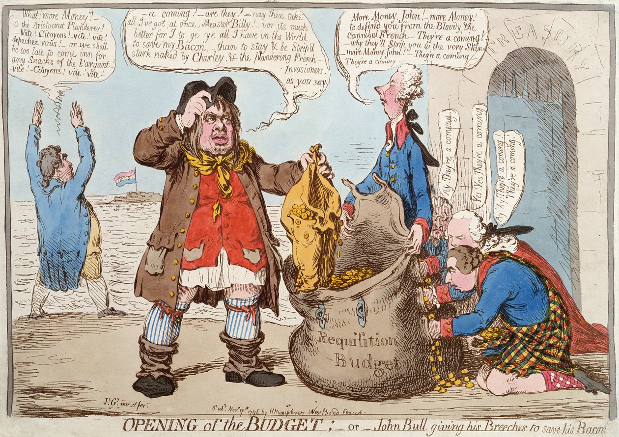 Åpning av budsjettet eller John Bull som gir ridebuksene sine for å redde baconet sitt, publisert 17. november 1796 av James Gillray